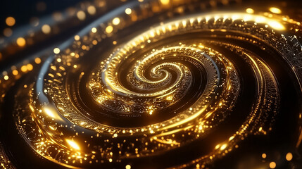 A beautiful golden spiral captivates with its shimmering particles against a dark background, evoking a cosmic ambiance