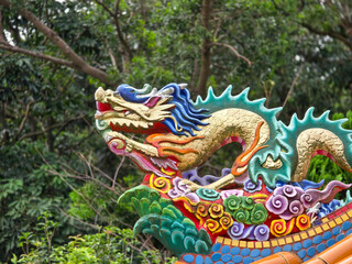 Close-Up of Taiwanese Temple Roof with Dragon Statues