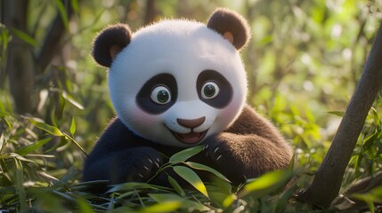 58. Soft and round panda cub in 3D, nibbling on bamboo with big, sparkling eyes