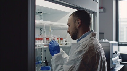 A scientist in a lab coat reaches for a test tube in a laboratory fridge.