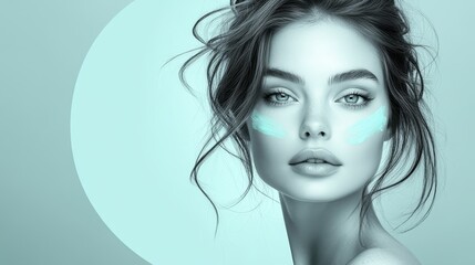 Fototapeta premium A black and white portrait of an elegant woman, with soft sea blue and mint green brush strokes on her face, in a minimalist style, creating a peaceful and artistic atmosphere.