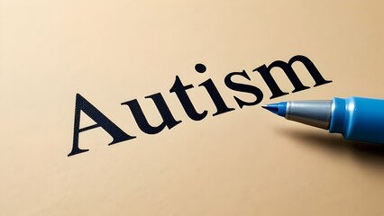 Autism Concept - Blue Pen Writing the Word Autism on Textured Beige Paper Background - Mental Health and Neurodevelopmental Condition