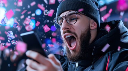 Football fan places live bet on mobile phone during exciting match