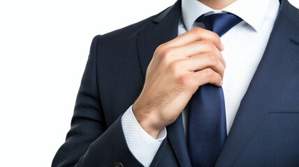 a businessman adjusting his tie, confidence and readiness for success, classic professional attire, isolated on white background