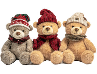 Three teddy bears wearing Santa hats and scarves, sitting in a row, isolated on white background.