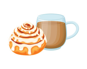 A sweet bun and a cup of cocoa. Coffee with a muffin. Delicious breakfast with cocoa and sweet dessert. Sweet pastries with tea in cartoon style. Vector illustration on a white background.