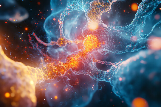 Time-lapse visualization of drug metabolism, showing a chemical compound breaking down inside a glowing human cell, with energy transfer represented by light particles