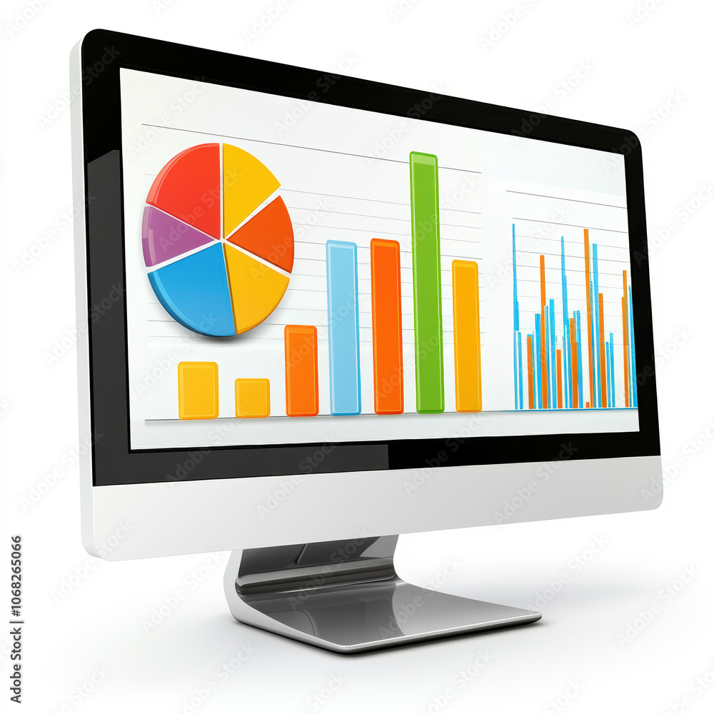 Fototapete a desktop computer displaying financial graphs, business analysis and data visualization, isolated on white background