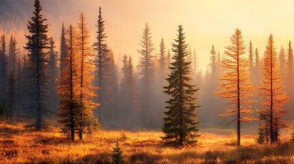 Obraz premium Sunset over a colorful autumn forest in the mountains, rich and warm tones of fall, soft sunlight, vivid detail in the landscape