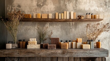 A variety of natural soaps and body washes are displayed on wooden shelves against a rustic concrete wall.