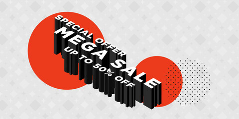 Mega sale banner with red circles on a patterned white background.