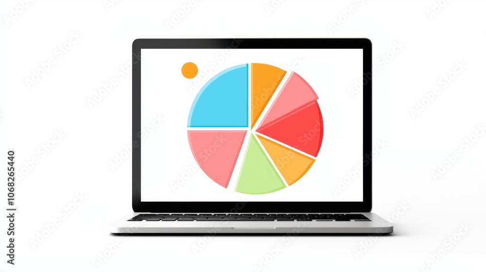 Poster a laptop displaying a pie chart, visual business data for analysis and planning, isolated on white b