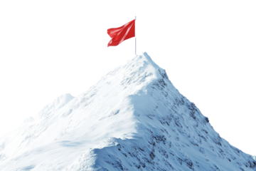 Snowy mountain with red flag on the top isolated on transparent background