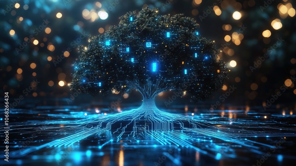 Poster tree of technology, showcasing circuit patterns in blue glowing lines
