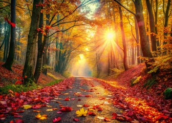 Fototapeta premium Captivating Autumn Leaves Adorning a Forest Path with Bokeh Effect for a Serene Nature Scene