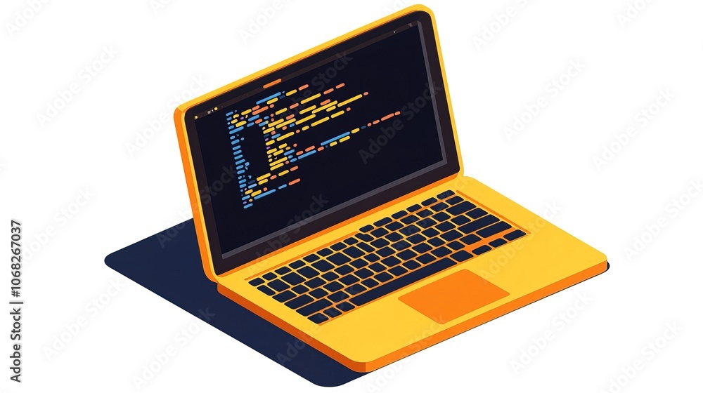Poster isometric illustration of an open laptop with coding on screen