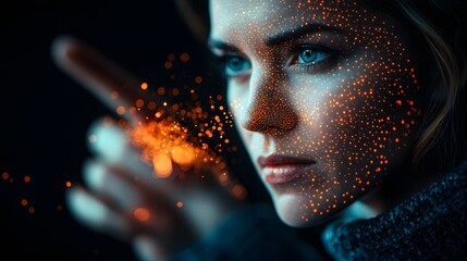 Engaging Female IT Professional Analyzing Data with a Digital Interface in an Artistic Display. Women In Tech Concept