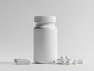 Blank White Pill Bottle With Capsules On White Background