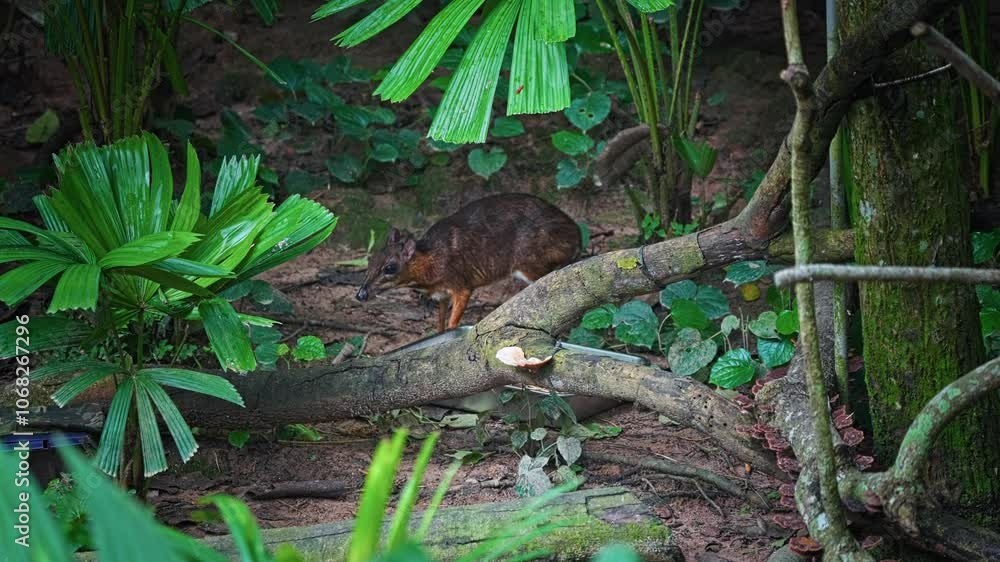 Poster lesser mouse deer foraging in the forest. - static shot