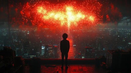 Futuristic Cityscape with Red Fireworks Display