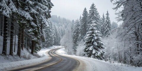 Snowy Curved Road Through a Forest of Pine Trees in Winter