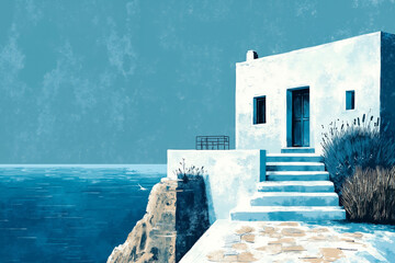 Fototapeta premium A painting of a white house by the ocean