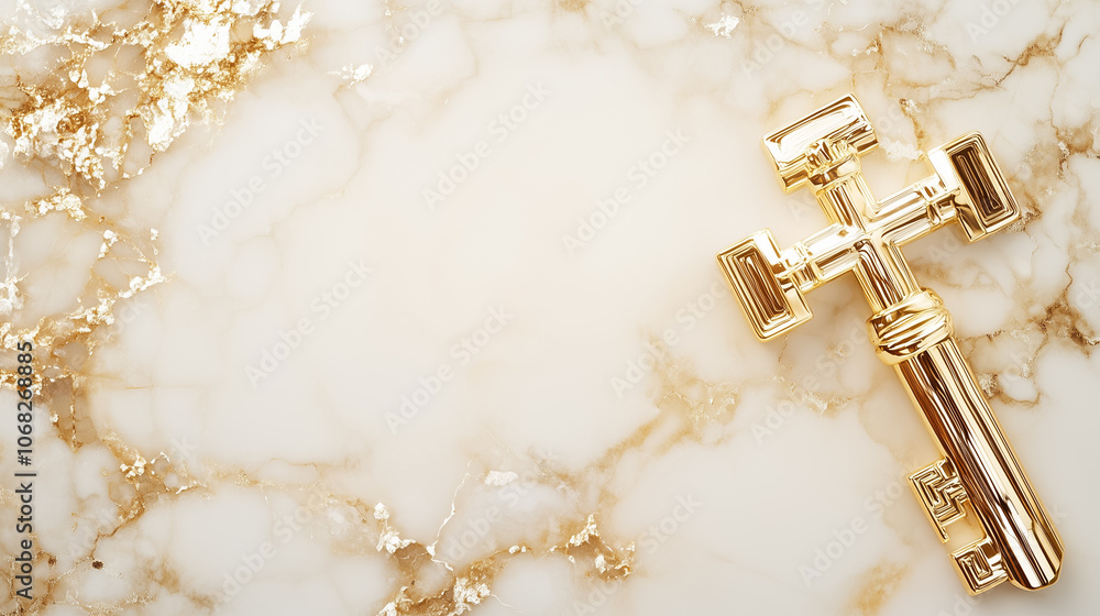 Poster a golden cross is positioned on a marble surface, reflecting soft light and showcasing intricate des