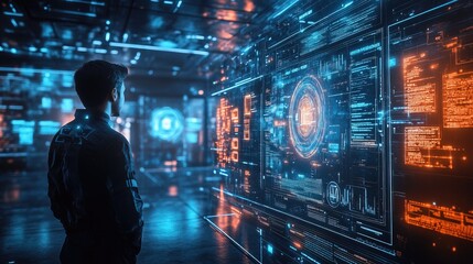 Distance learning setup with glowing holographic screens and virtual student avatars