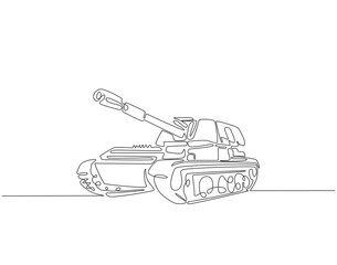 Continuous one line drawing of military tank. One line drawing illustration of soldier vehicle for war. armored transportation, military equipment concept line art. Editable outline