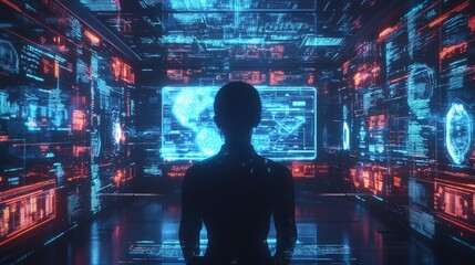 Distance learning setup with glowing holographic screens and virtual student avatars