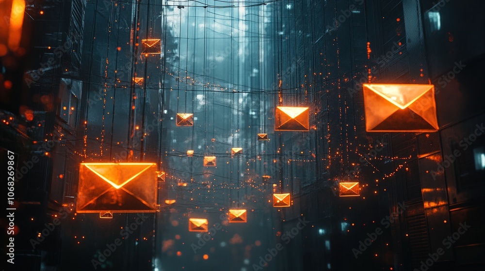 Poster digital envelopes floating in a network of connections