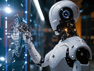 Fototapeta premium Man using tools AI. technology smart robot science and artificial intelligence technology, and innovation futuristic and global connection for providing access to information and data online network