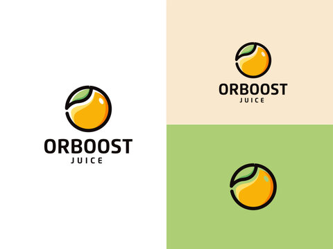 Orange Fruit logo with green leaf design vector template