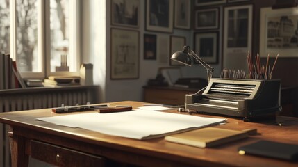 Desk with blank papers and tools in minimal space