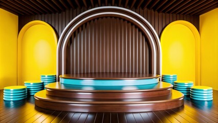 A stage with a blue podium and wooden steps, surrounded by yellow arches and cylindrical platforms.