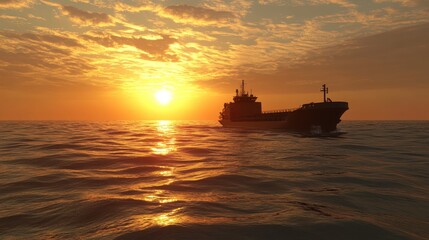 Ship at Sea During Stunning Sunset Lighting