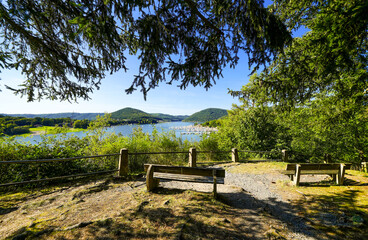 View of Eder from the Weisser Stein viewpoint. Landscape at the Edersee with the surrounding green...