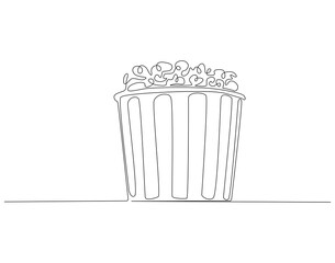 Continuous one line drawing of popcorn. One line drawing illustration of delicious popcorn. Cinema, movie snack, bucket concept single line. Editable outline