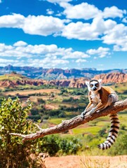 Fototapeta premium Lemur on a Branch with Mountain View.