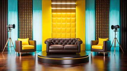 Modern studio set with leather sofa and two armchairs, yellow and brown colors, spotlights on tripods.