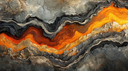 Aerial view of molten lava flowing over volcanic ash, creating intricate veins across layers of rocks, showcasing the powerful forces of nature and geological processes in volcanic activity.