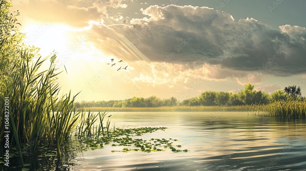 Poster a serene lake with reeds and foliage along the edge, the sun shining through the clouds creating ray