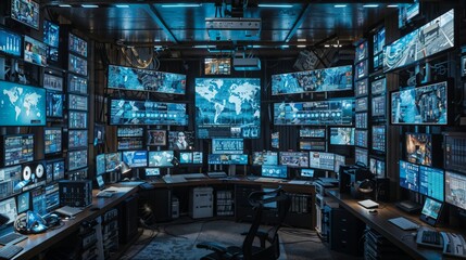 High-tech control room with multiple monitors displaying world maps, data analytics, and surveillance feeds, bathed in blue light, creating a cyberpunk-like command center atmosphere