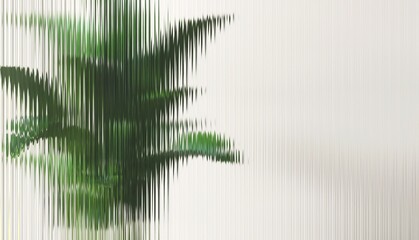 Fototapeta premium Fresh beautiful green tropical plant tree behind transparent fluted reeded glass in sunlight on white background for modern, luxury fashion, beauty, cosmetic, skincare, body care, hair care product 3D