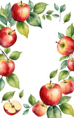 Frame of red apples with green leaves in watercolor style on transparent background, ideal for cookbook, restaurant menu