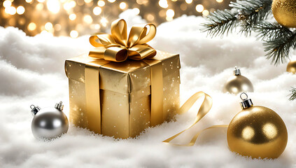 a rectangular gift box with  ribbon,  placed on a vibrant bright color satin fabric, perfect Christmas present for the holiday season