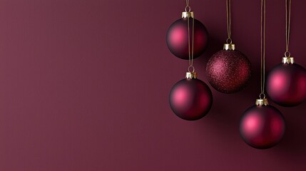 Fototapeta premium A serene display of red Christmas ornaments hanging against a deep burgundy background, evoking festive holiday spirit.