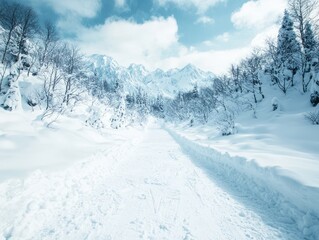 Obraz premium A serene winter landscape with a snow-covered path and distant mountains.