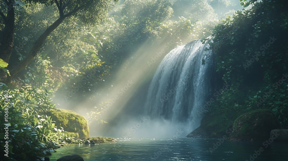 Poster a cascading waterfall flows into a tranquil pool, surrounded by lush greenery and bathed in the soft