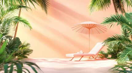 3D summer theme background banner with sun lounger umbrella on sand surrounded by palm trees perfect for vacation ads